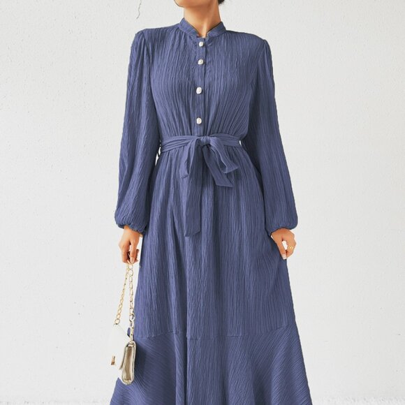 Tie Waist Long Sleeve Dress - Picture 1 of 9